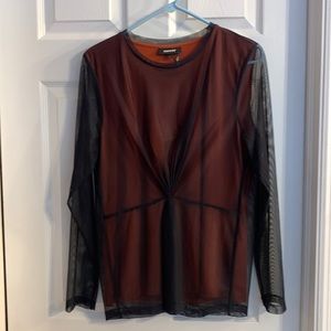 DKNY dressy top. Burnt orange tank with navy blue, sheer overlay.